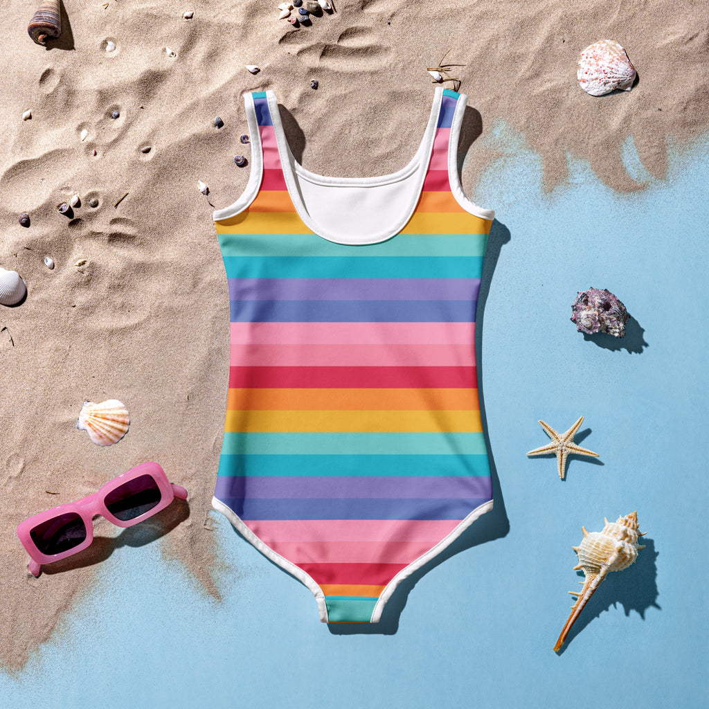 Girls bright rainbow striped buttery soft one-piece swimsuit with white trim and UPF 50 plus sun protection