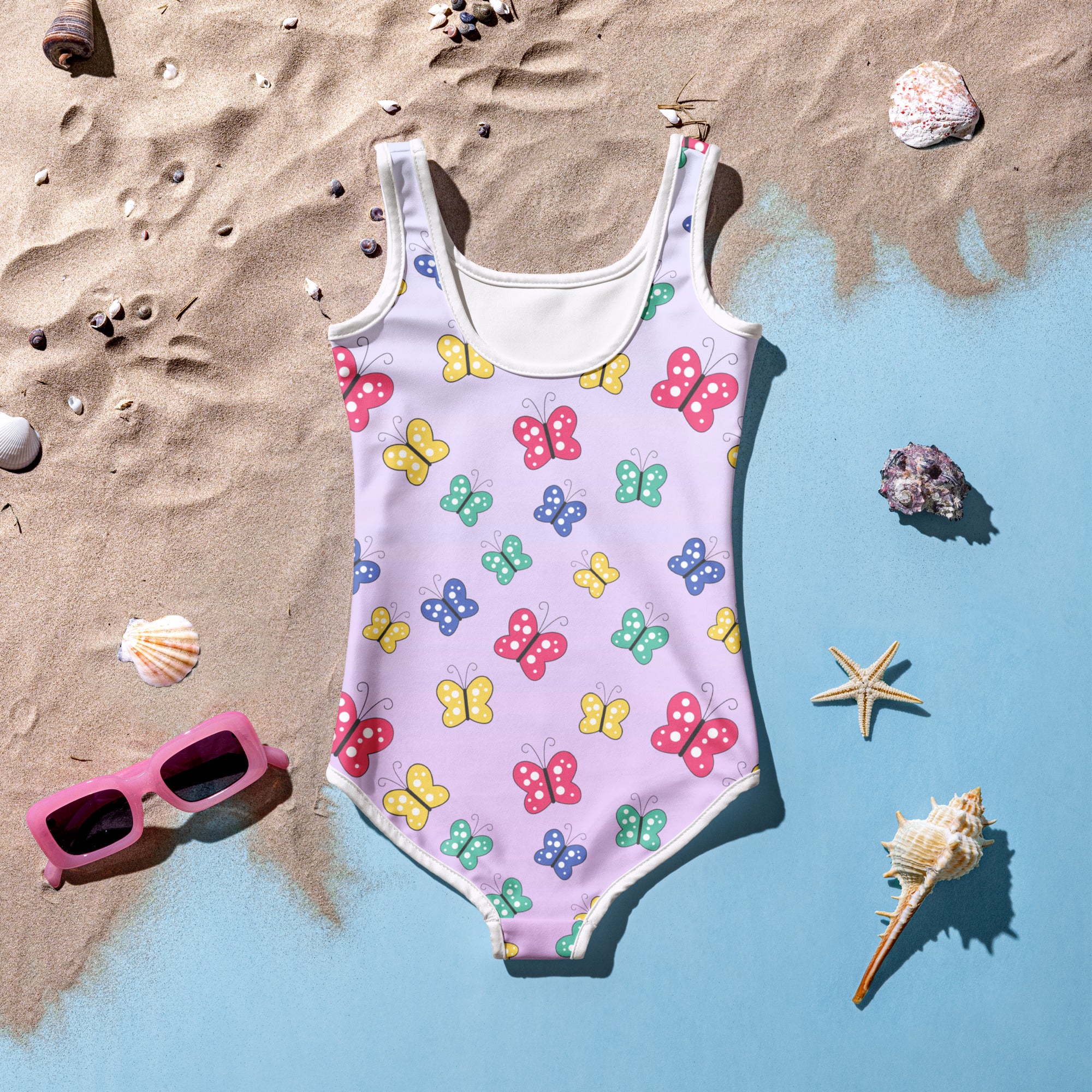 Pastel lavender girls one-piece swimsuit with colorful butterfly pattern and upf 50 plus sun protection