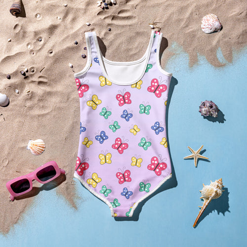 Pastel lavender girls one-piece swimsuit with colorful butterfly pattern and upf 50 plus sun protection