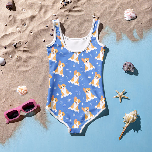 Girls blue one-piece swimsuit with buttery soft fabric corgi dog pattern white trim and upf 50 plus protection