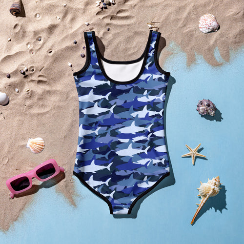 Girls blue and white shark camouflage buttery soft one-piece swimsuit with black trim and UPF 50 plus protection
