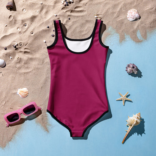 A vibrant magenta girls buttery soft one-piece swimsuit with black trim white lining and UPF 50 plus protection