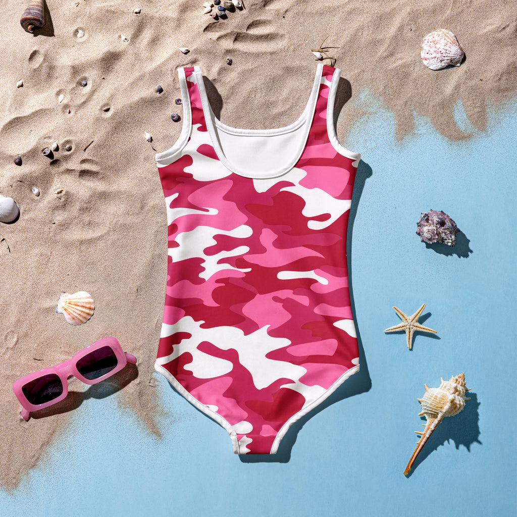 Girls pink and white camouflage one-piece swimsuit with scoop neckline buttery soft fabric and upf 50 plus protection