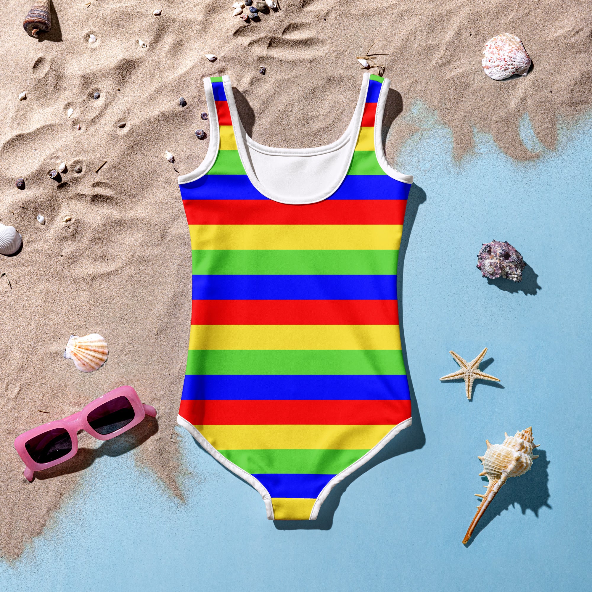 A girls bright stripes buttery soft one-piece swimsuit with vibrant rainbow colors white trim and UPF 50+ protection