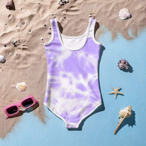 Girls faux purple tie dye buttery soft one-piece swimsuit with scoop neckline and upf 50 plus protection