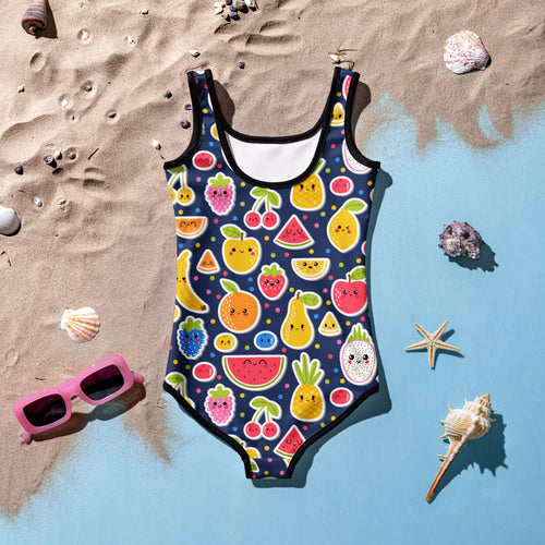 A navy blue girls one-piece emoji fruit buttery soft swimsuit with colorful cartoon pattern and UPF 50 plus protection