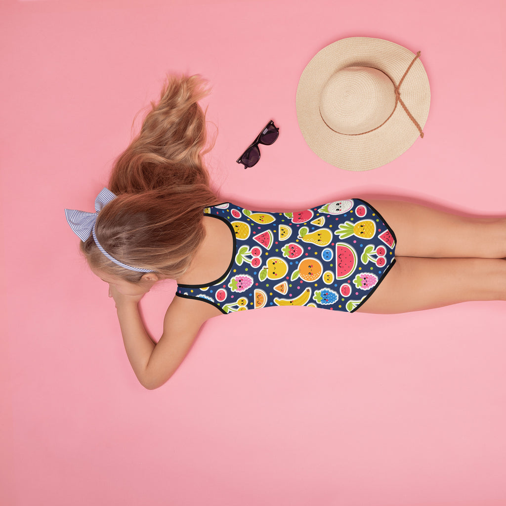 A navy blue girls emoji fruit buttery soft one-piece swimsuit with colorful fruit pattern and UPF 50 plus protection