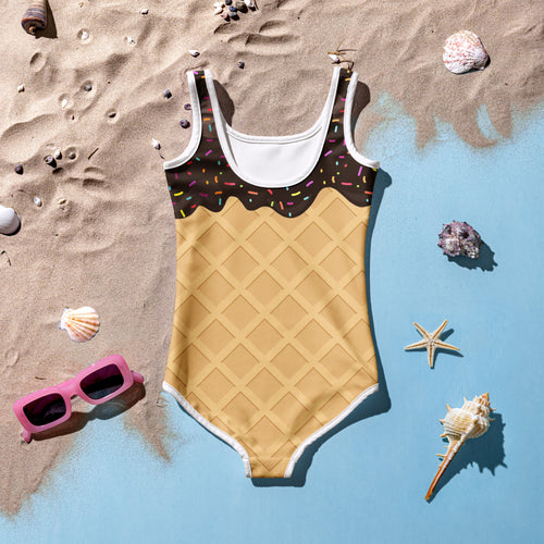 A playful girls chocolate ice cream waffle cone swimsuit with buttery soft fabric and upf 50 plus sun protection