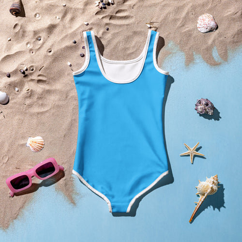 A bright blue girls buttery soft one-piece swimsuit with white trim and UPF 50 plus sun protection
