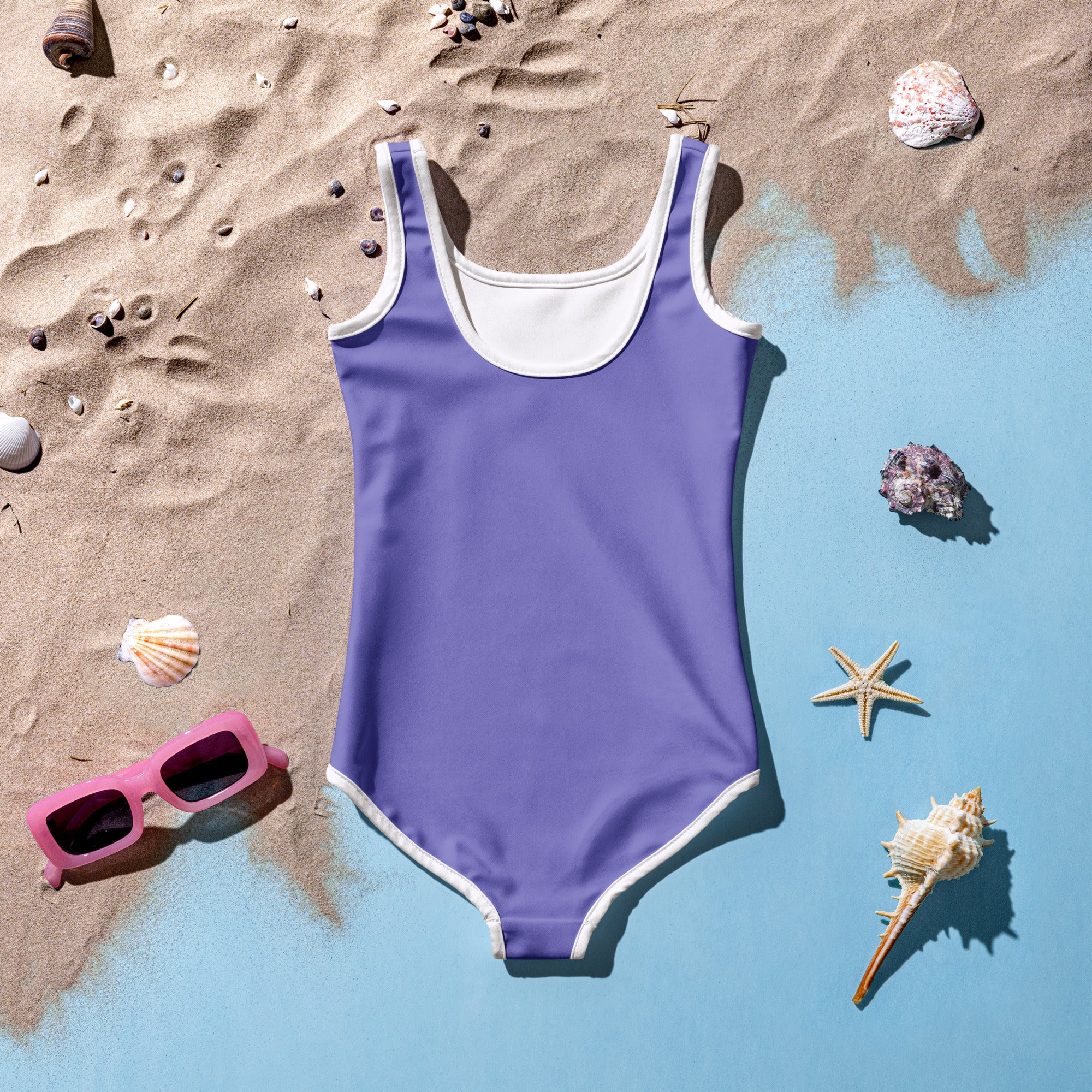Girls buttery soft purple one-piece swimsuit with white trim and upf 50 sun protection for UV safety