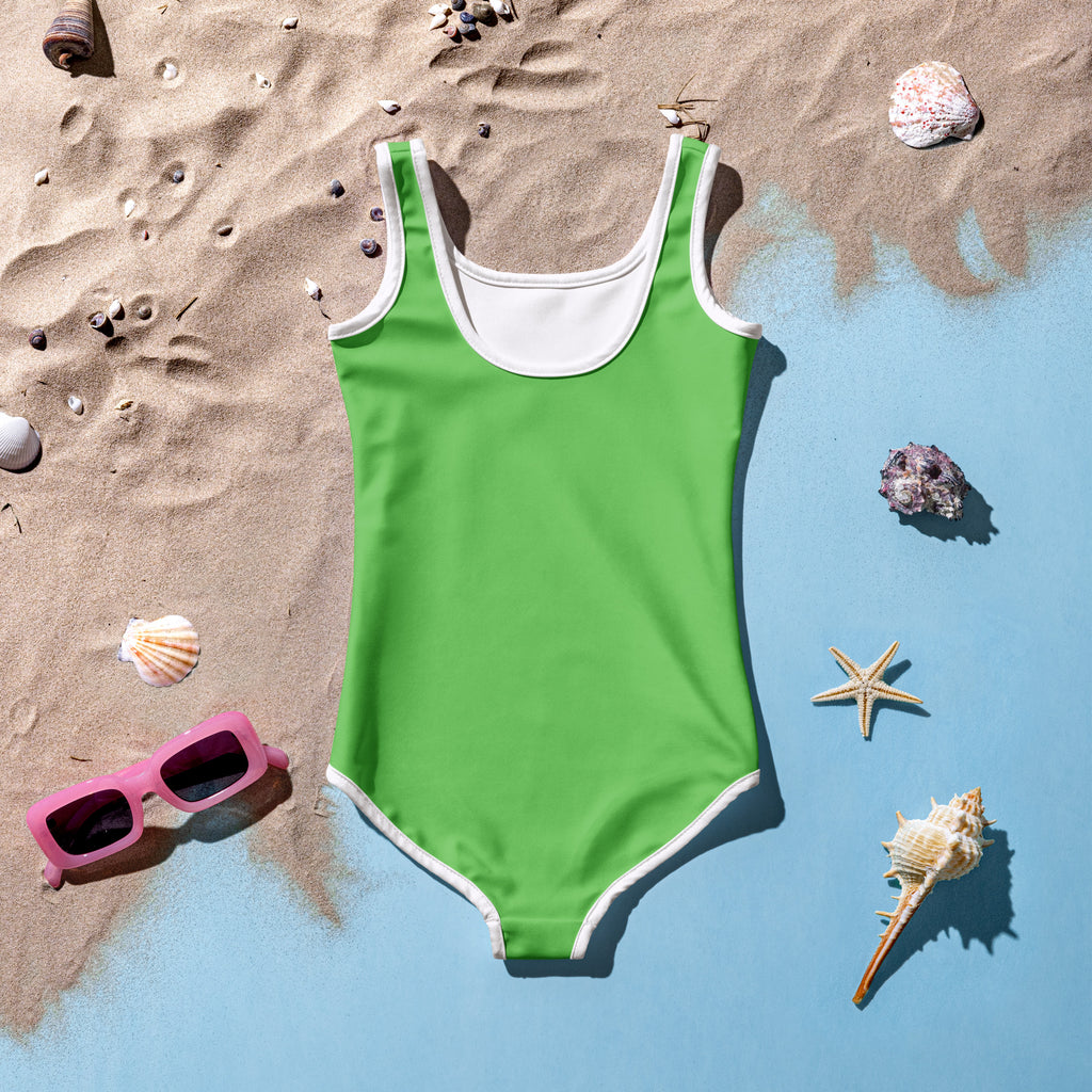 A vibrant lime green buttery soft one-piece swimsuit for girls with white trim and UPF 50 plus sun protection