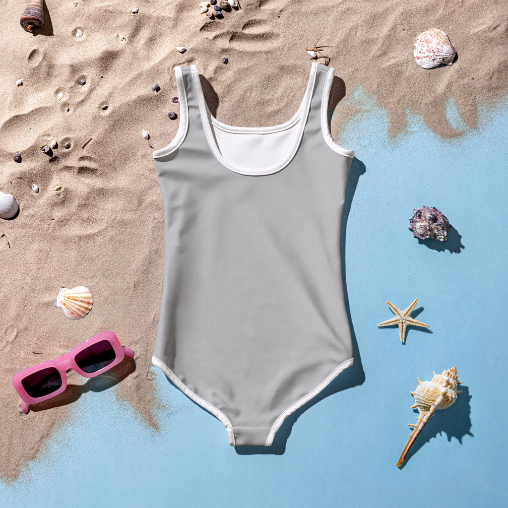Girls silver buttery soft solid gray one-piece swimsuit with white trim and UPF 50 plus sun protection