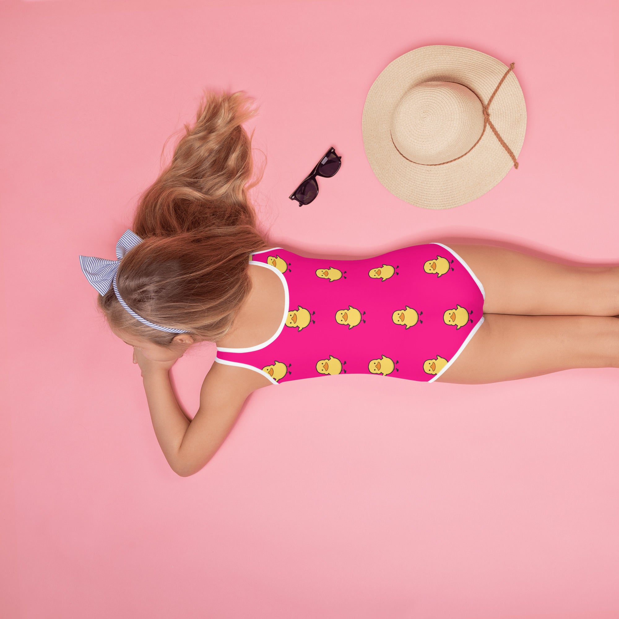 Girls Pink Rubber Duck Buttery Soft Swimsuit With UPF 50+