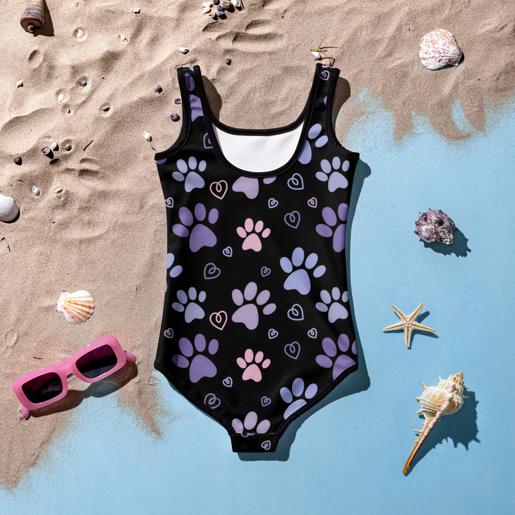 Girls Purple and Pink Paw Print Swimsuit