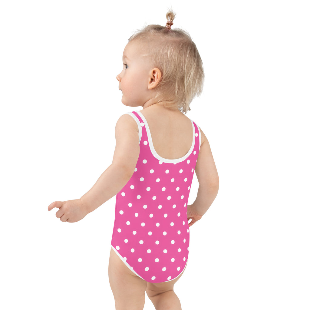 Girls pink one-piece swimsuit with white polka dots white trim buttery soft fabric and upf 50+ protection