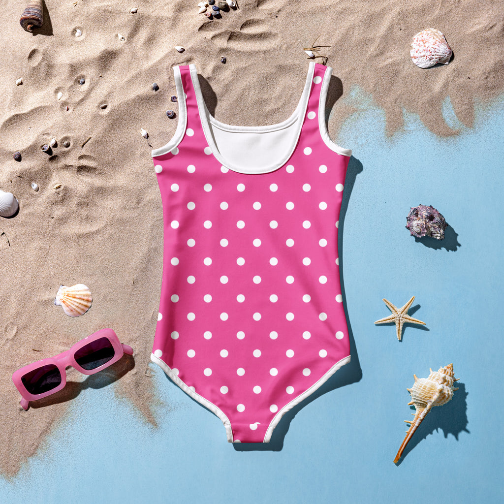 Girls pink polka dots buttery soft one-piece swimsuit with white trim and UPF 50 plus sun protection