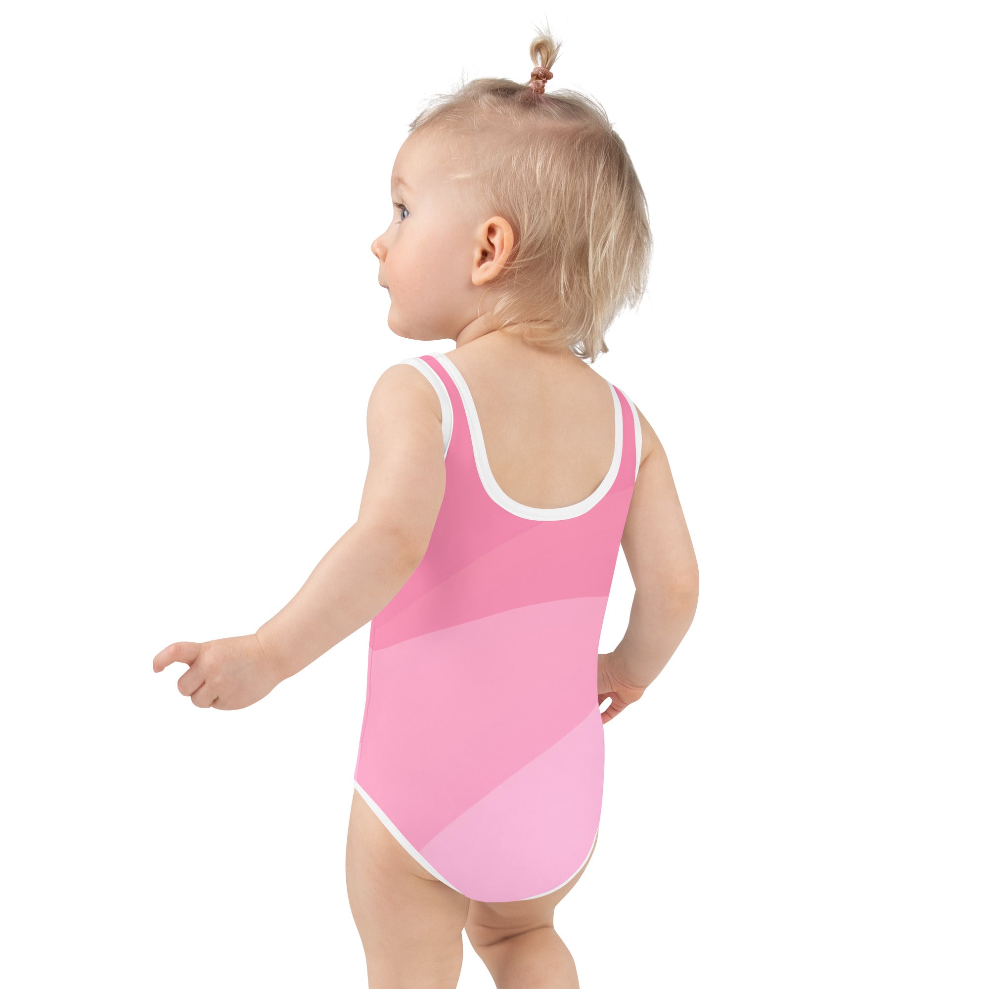 Girls wavy pink swimsuit one-piece with white trim and gradient design for comfortable swimwear use