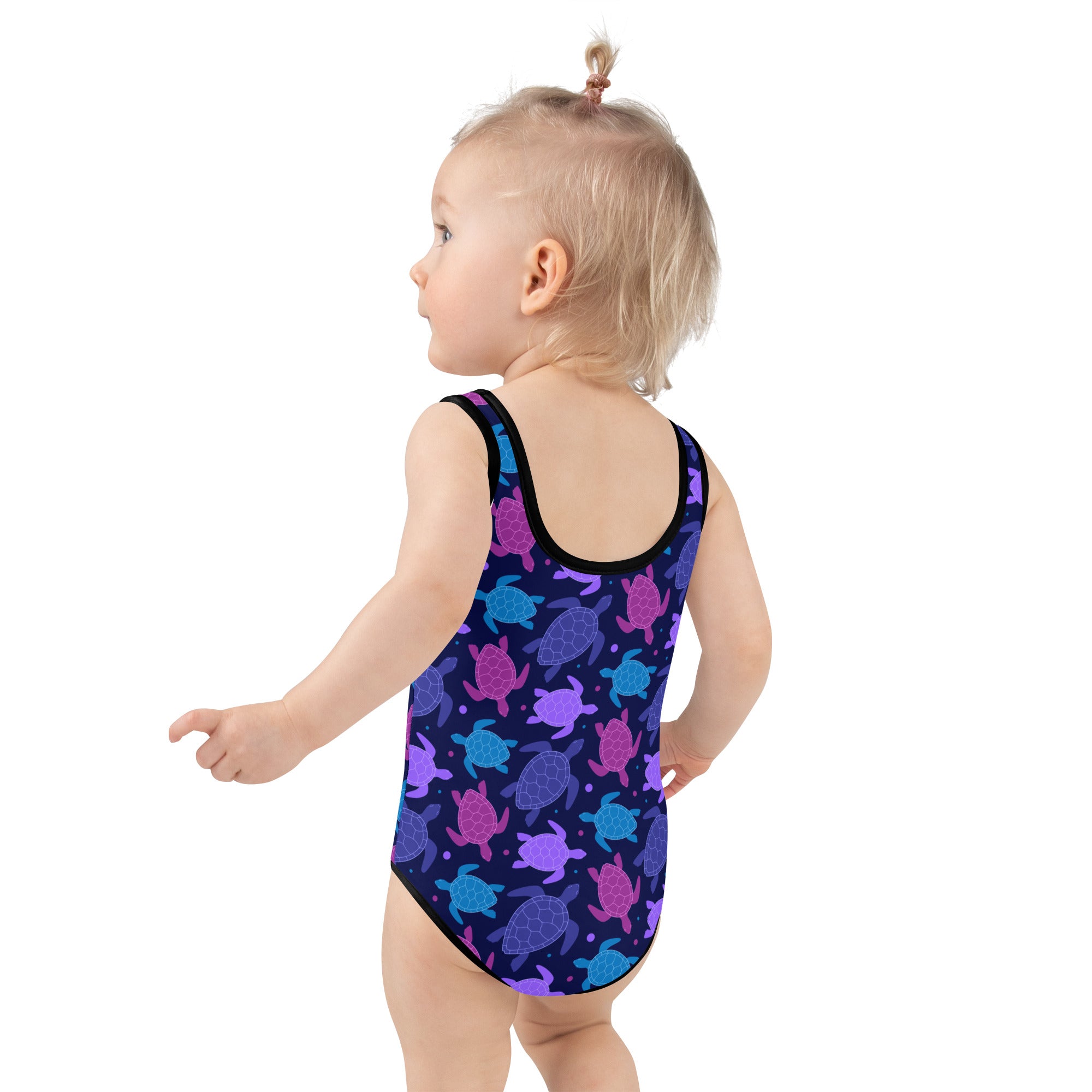 Girls purple sea turtle buttery soft navy blue one-piece swimsuit with UPF 50+ sun protection and playful turtle pattern