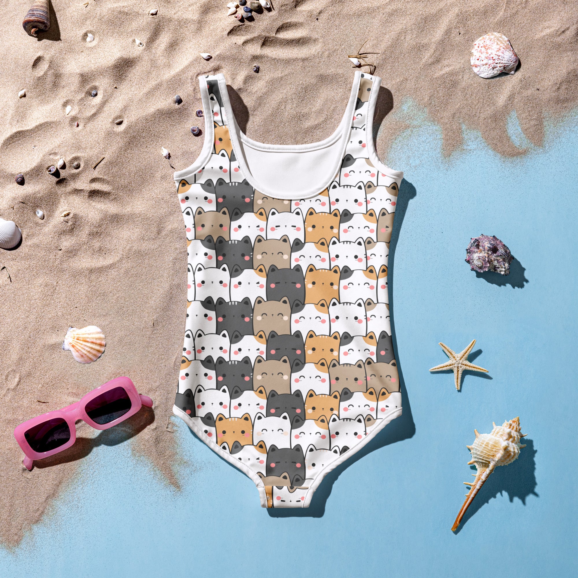 Girls Kawaii Cat Face Buttery Soft Swimsuit With UPF 50+