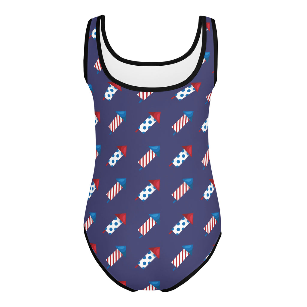 Navy blue girls one-piece swimsuit with red white and blue firework patterns buttery soft for 4th of july use