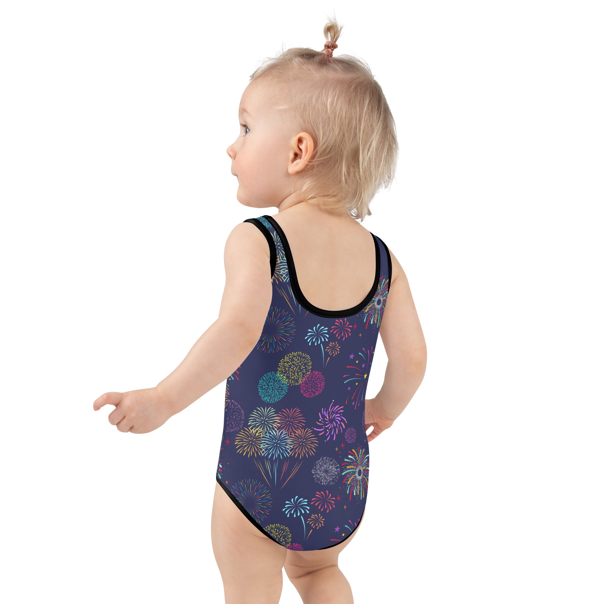 Navy blue girls one-piece swimsuit with vibrant fireworks pattern black trim buttery soft fabric for 4th of July