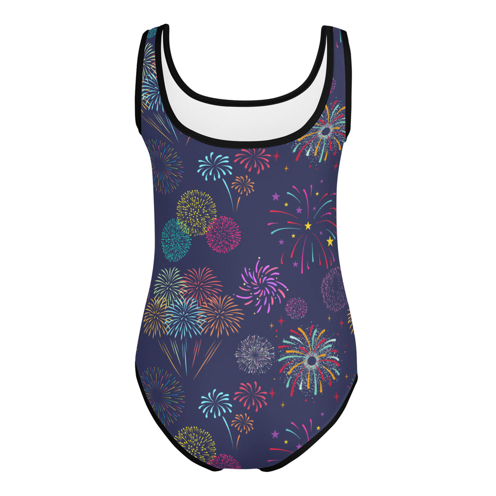 Girls fireworks 4th of July buttery soft swimsuit in navy blue with vibrant multicolored fireworks and black trim details
