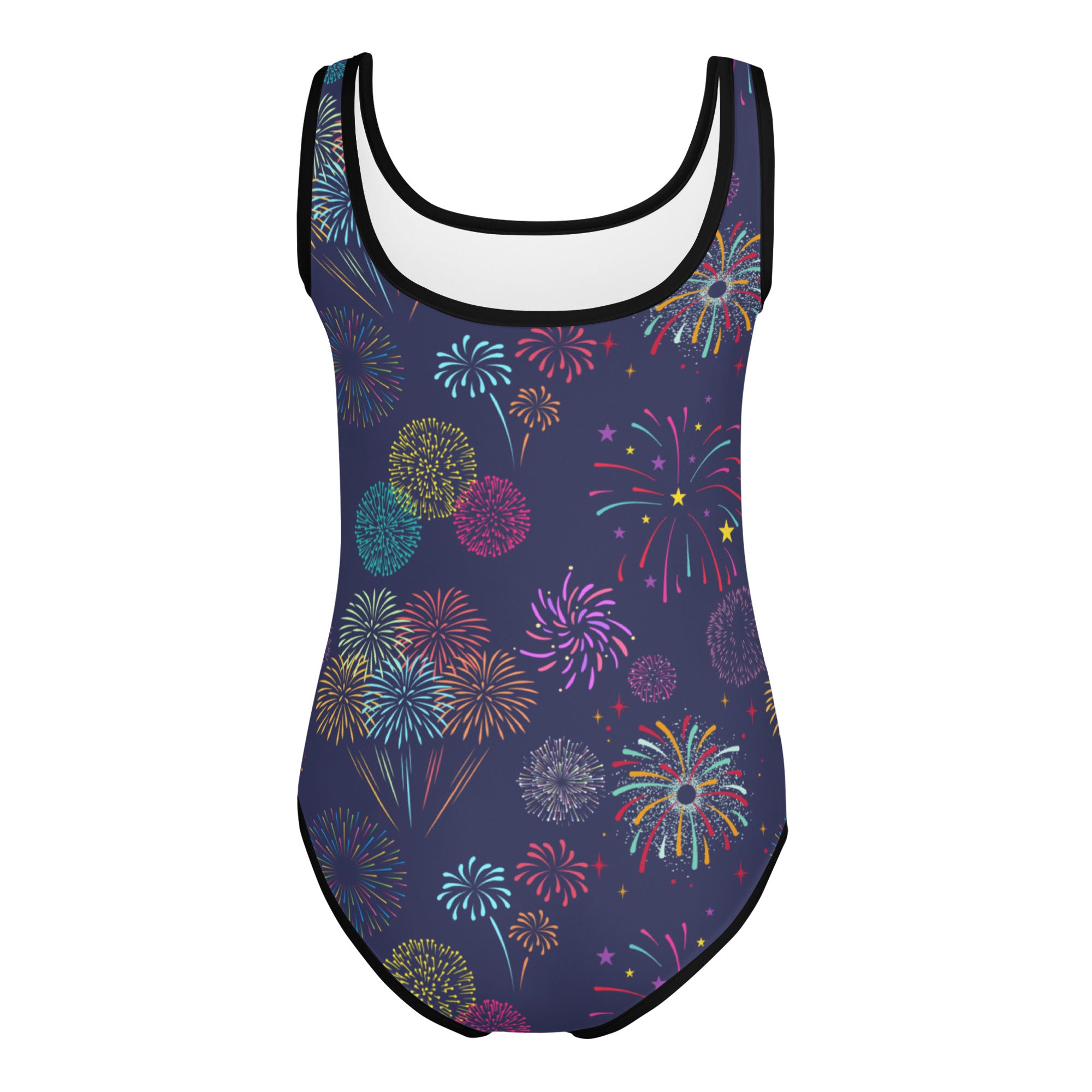 Girls fireworks 4th of July buttery soft swimsuit in navy blue with vibrant multicolored fireworks and black trim details