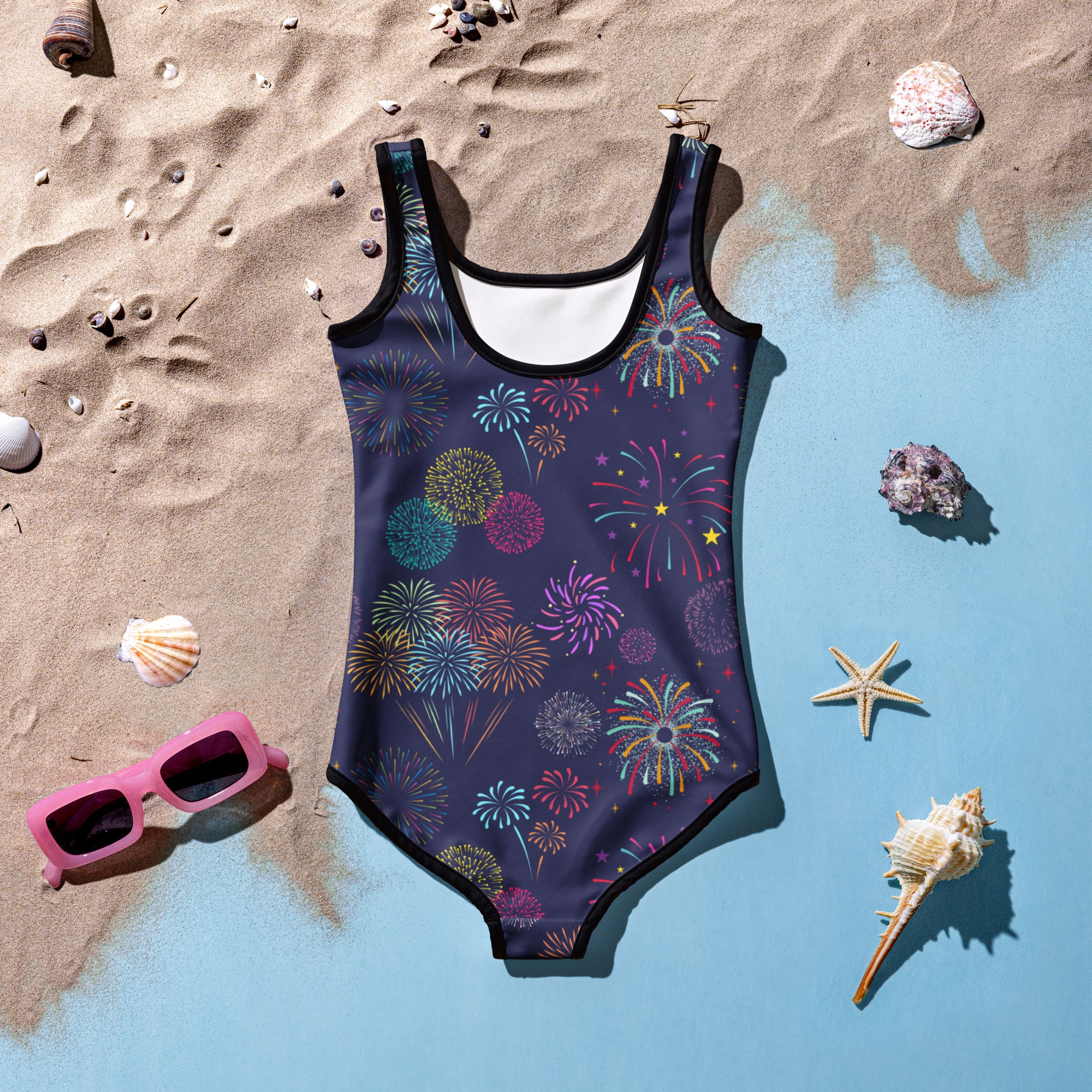 Girls fireworks 4th of July buttery soft swimsuit navy blue one-piece with multicolored fireworks pattern black trim