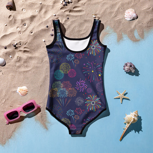 Girls fireworks 4th of July buttery soft swimsuit navy blue one-piece with multicolored fireworks pattern black trim