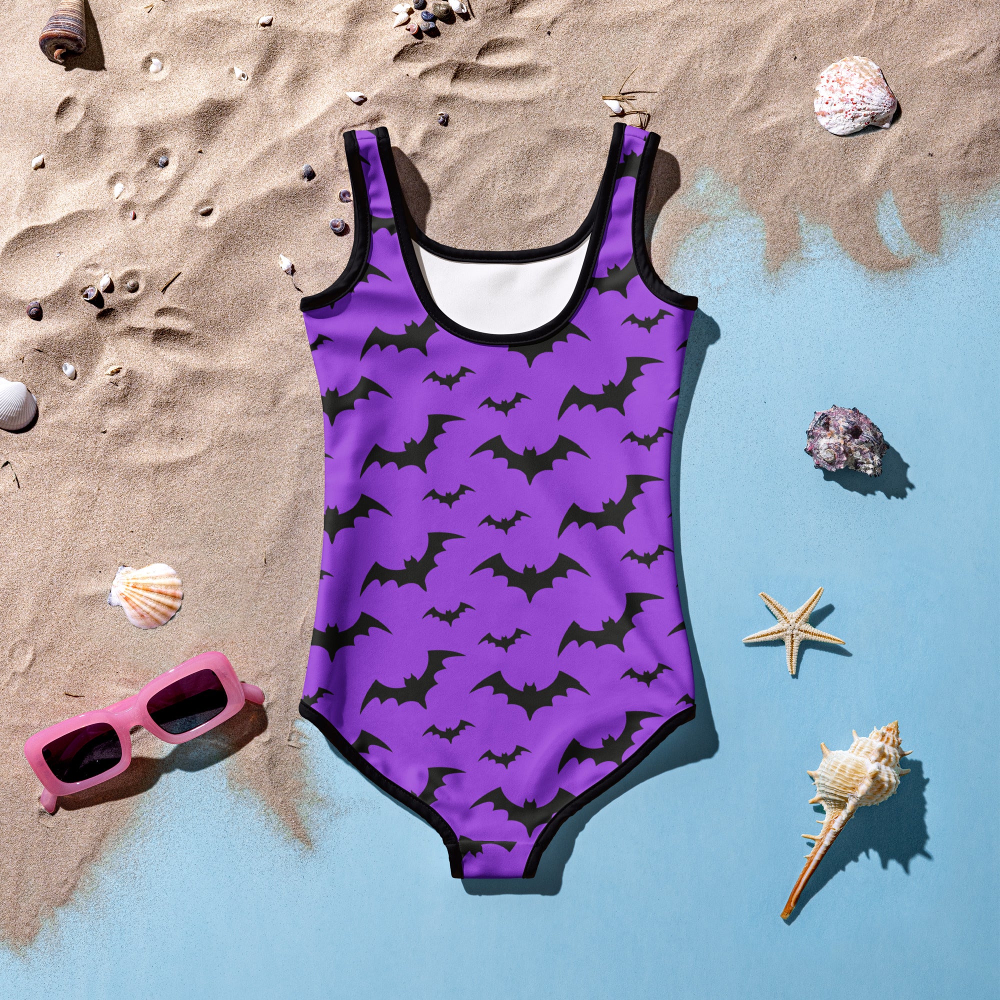 Girls Purple Bats Halloween Buttery Soft Swimsuit