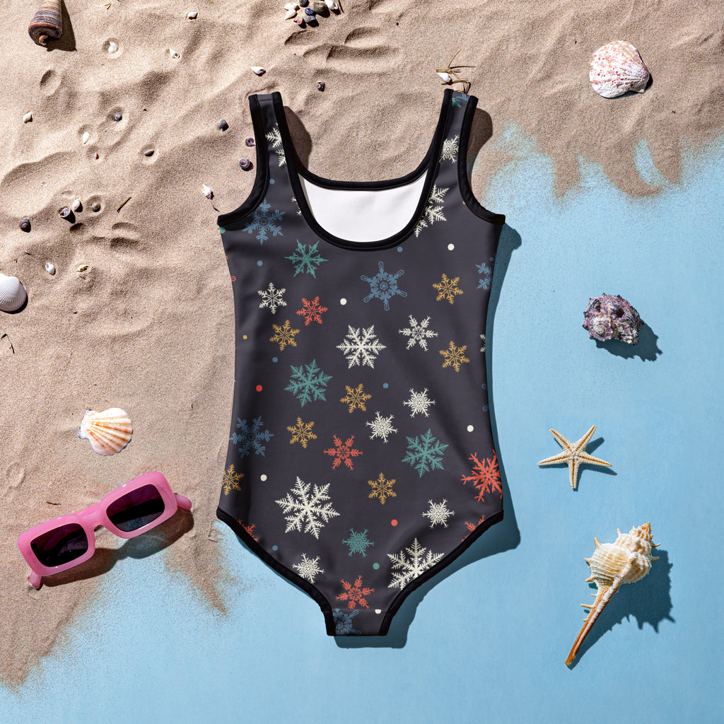 Girls colorful snowflake Christmas black one-piece swimsuit with multicolored pattern in buttery soft fabric for winter holidays