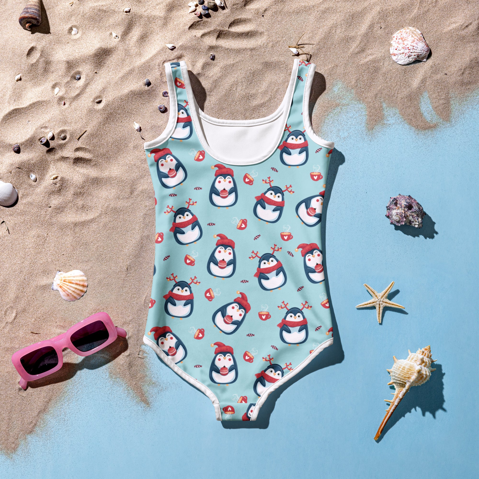 Light blue girls one-piece swimsuit with buttery soft fabric and cartoon penguins in red hats and scarves