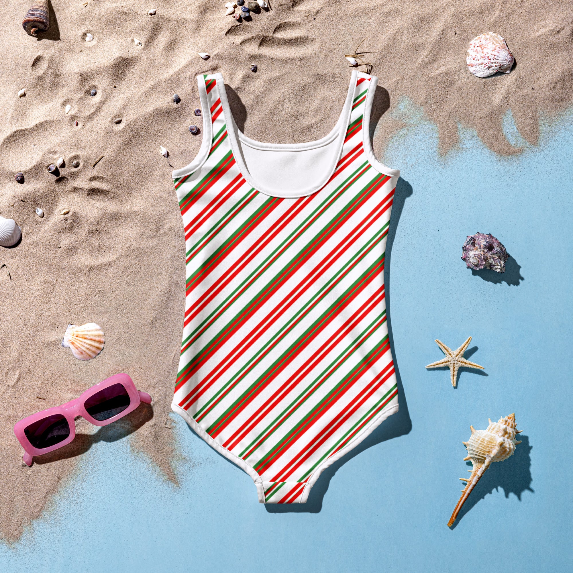 Girls candy cane stripes christmas one-piece swimsuit with scoop neckline in red green and white buttery soft fabric