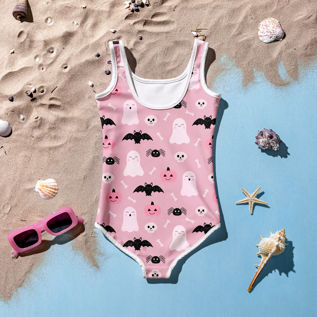 Girls Pink Halloween Swimsuit With Cute Ghosts And Bats
