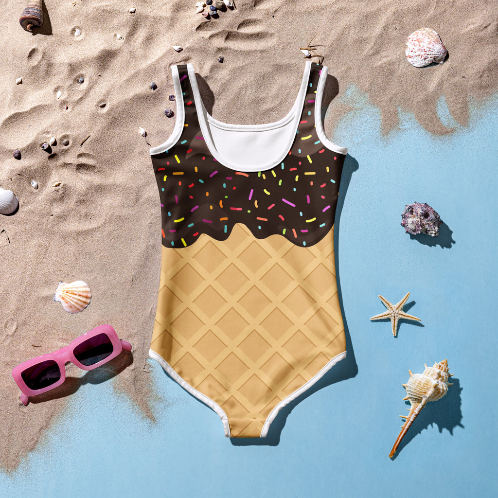 Girls ice cream cone custom age birthday swimsuit in one-piece waffle cone design with colorful sprinkles and white trim