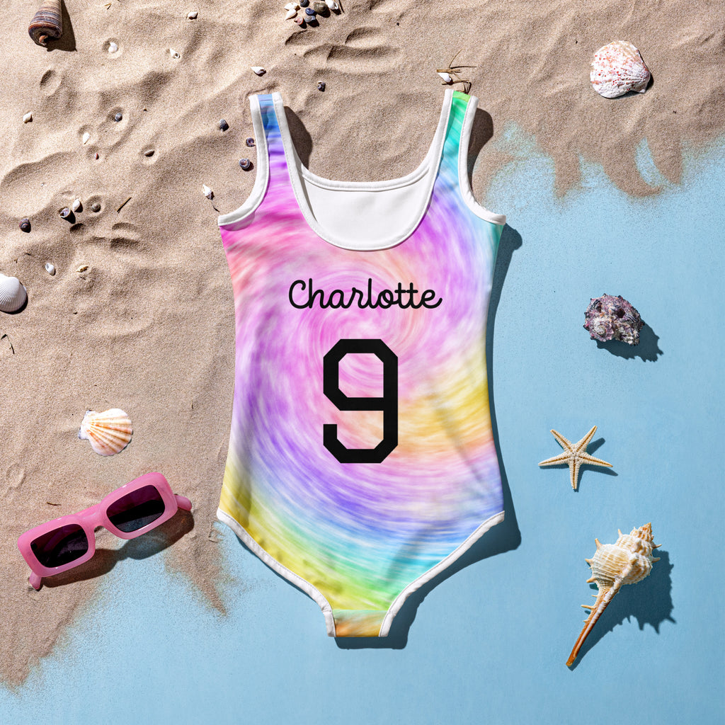 Girls Custom Age & Name Faux Rainbow Tie Dye Swimsuit