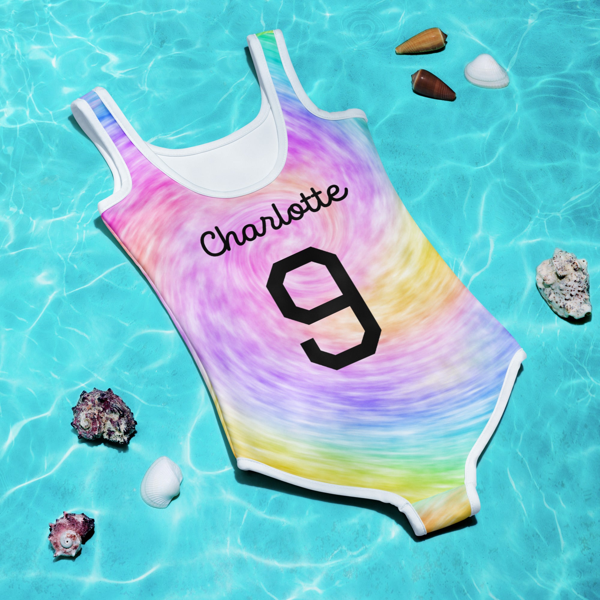 Girls Custom Age & Name Faux Rainbow Tie Dye Swimsuit