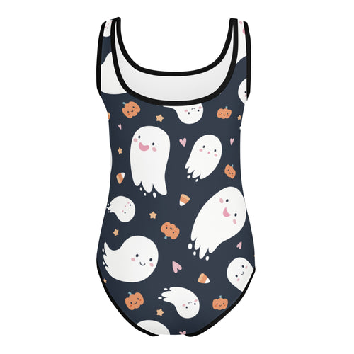 Girls ghost and candy cane halloween buttery soft navy blue leotard with ghost pumpkin candy corn print for dance and gymnastics