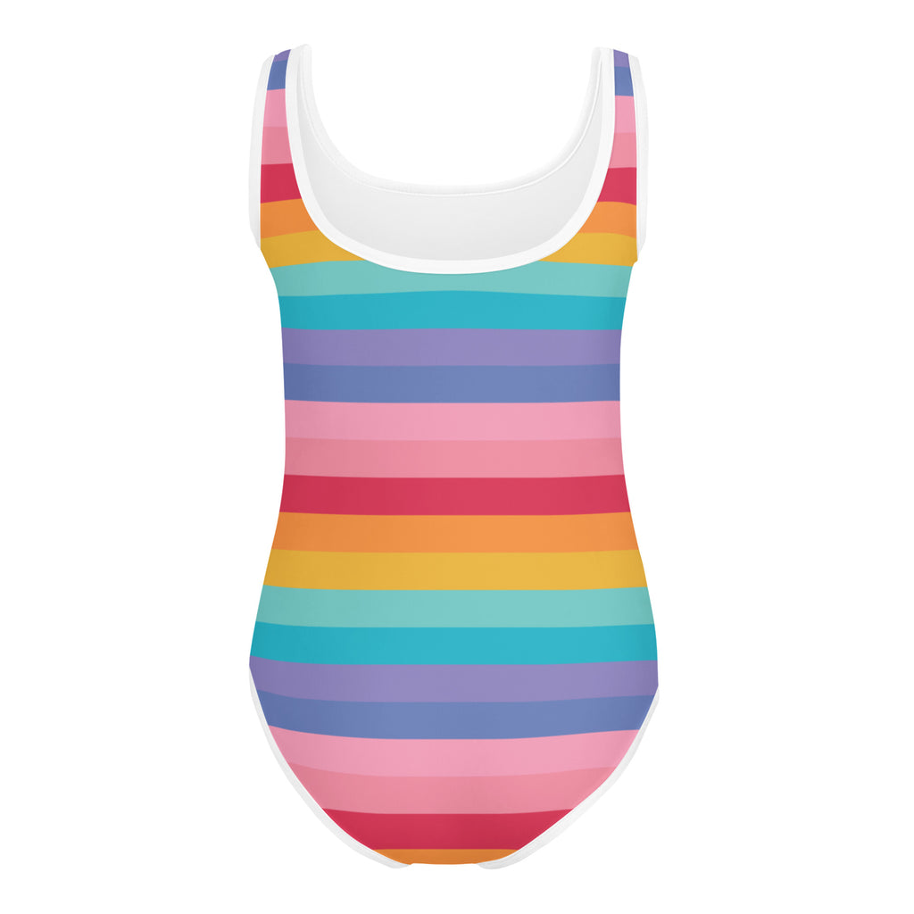 Girls bright striped rainbow buttery soft one-piece swimsuit with white scoop neckline quick drying for gymnastics