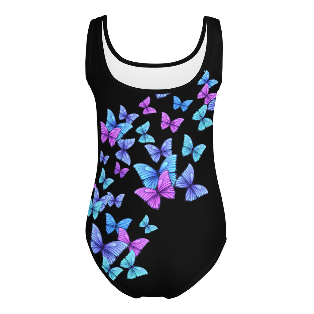 Black one-piece swimsuit with vibrant blue and purple butterfly pattern made from buttery soft quick-drying fabric for dance and gymnastics