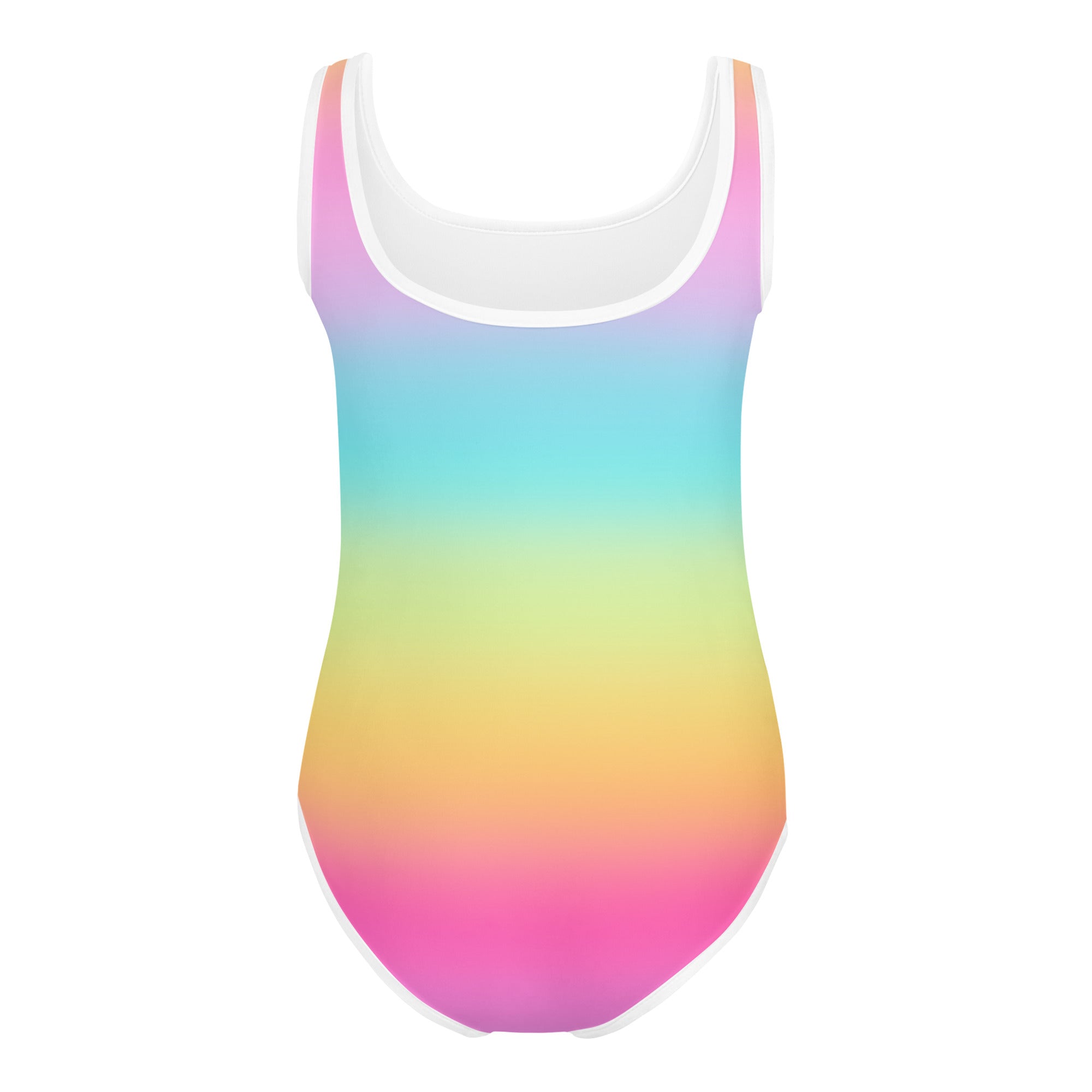 Girls bright rainbow gradient one-piece leotard with white trim made of buttery soft quick-drying fabric for gymnastics