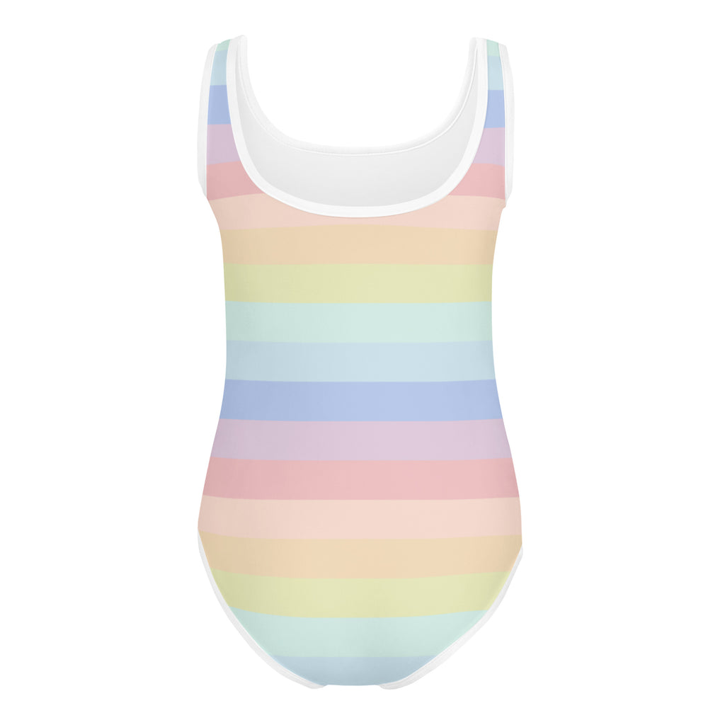 Girls pastel rainbow striped one-piece swimsuit with white trim buttery soft quick drying for dance and gymnastics