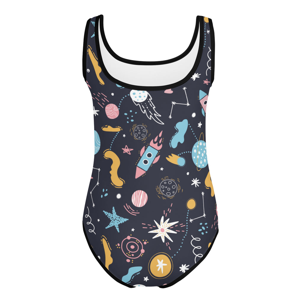 Girls outer space buttery soft leotard in navy blue with pastel rocket and planet patterns quick drying for dance and gymnastics