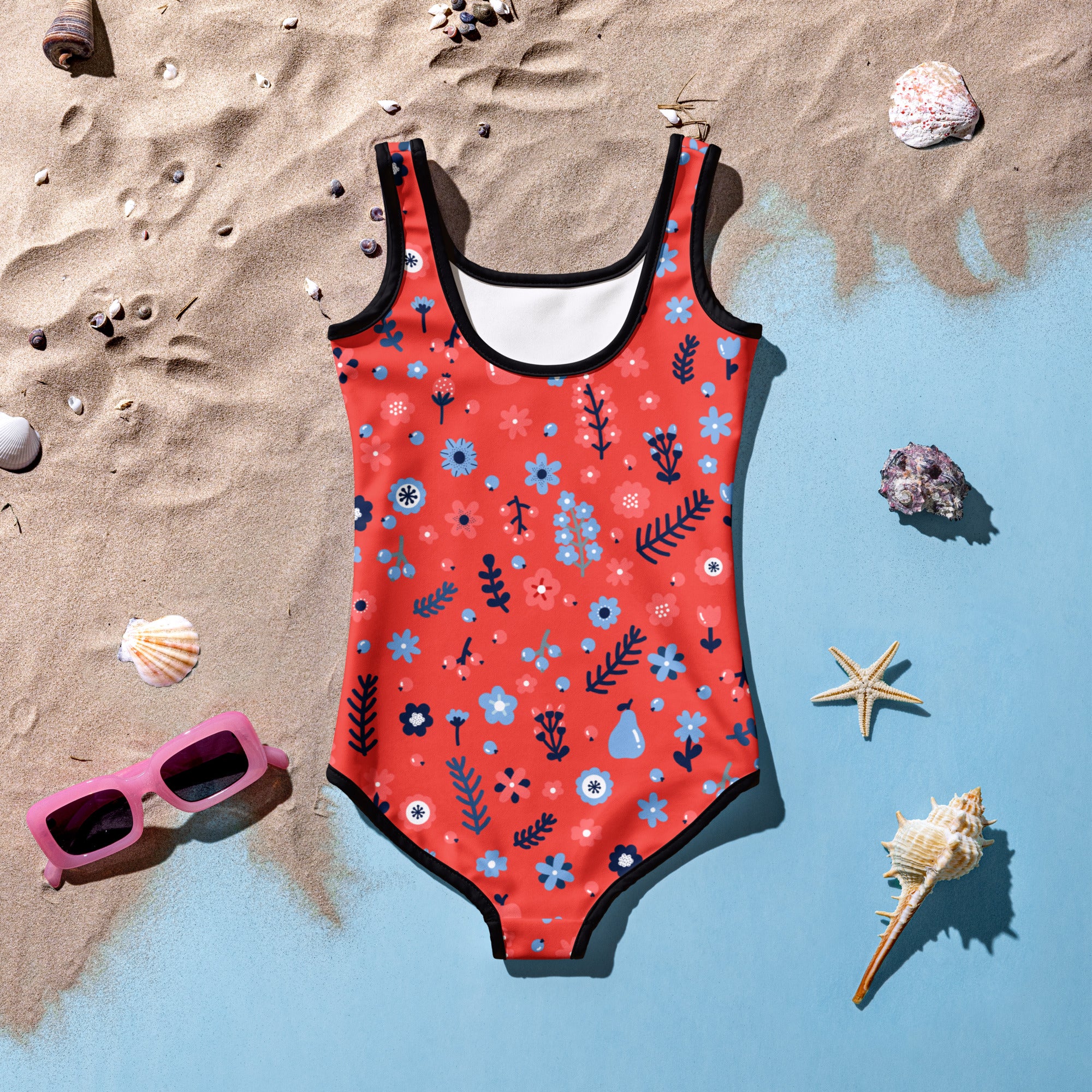 Girls floral red buttery soft one-piece swimsuit with upf 50 plus coral color and blue botanical pattern