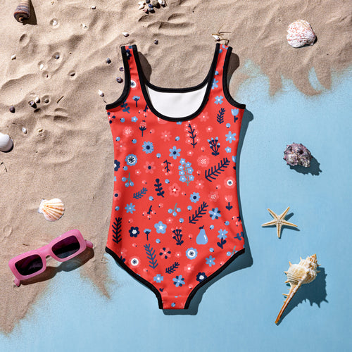 Girls floral red buttery soft one-piece swimsuit with upf 50 plus coral color and blue botanical pattern