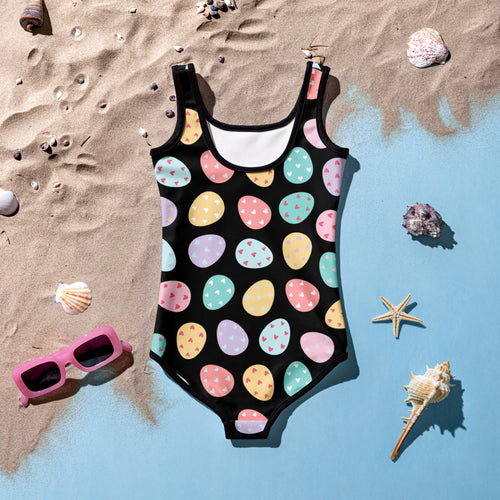 Black girls one-piece swimsuit with colorful pastel easter egg patterns and tiny hearts buttery soft fabric upf 50+