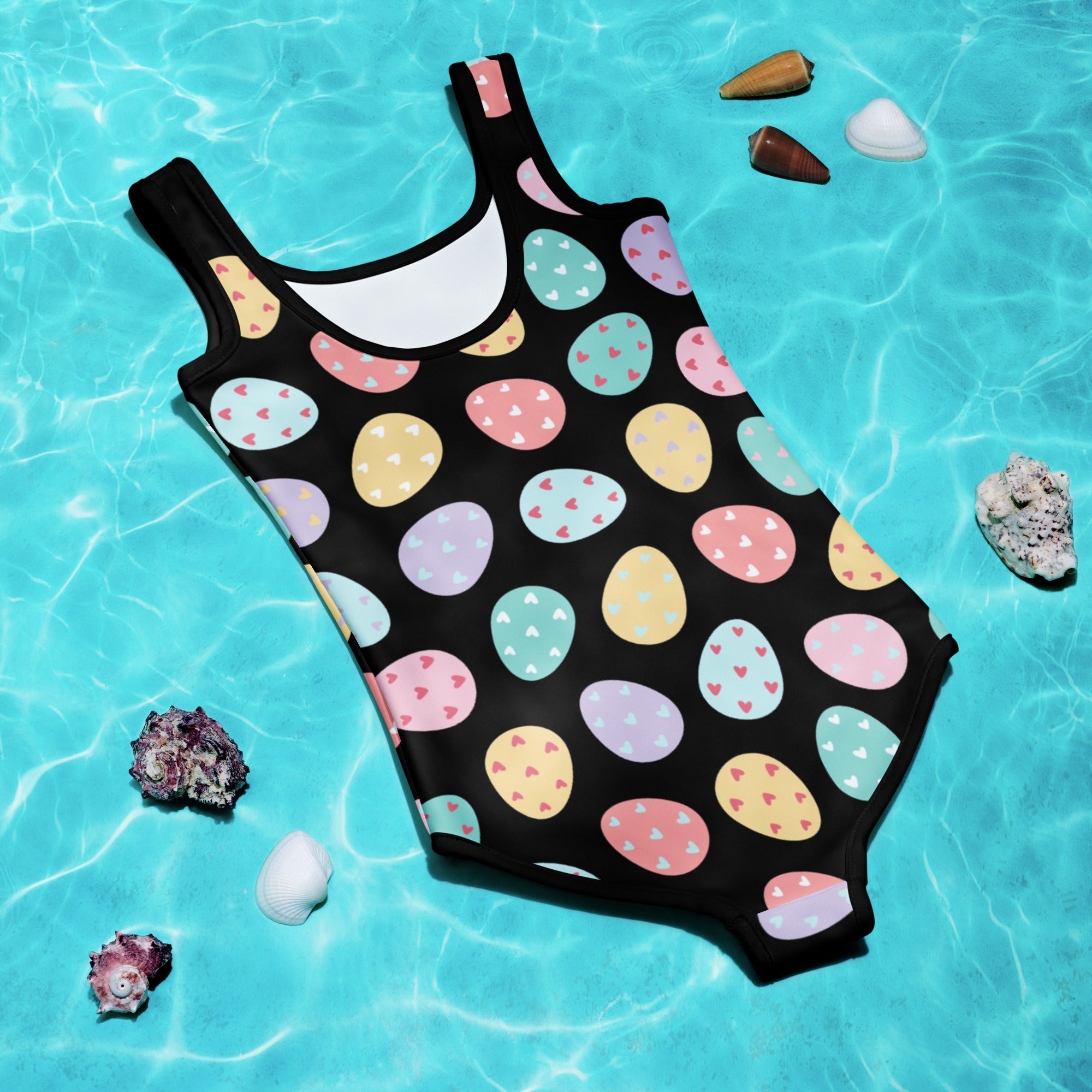 Black girls one-piece swimsuit with colorful pastel easter egg and heart patterns buttery soft with UPF 50+ protection