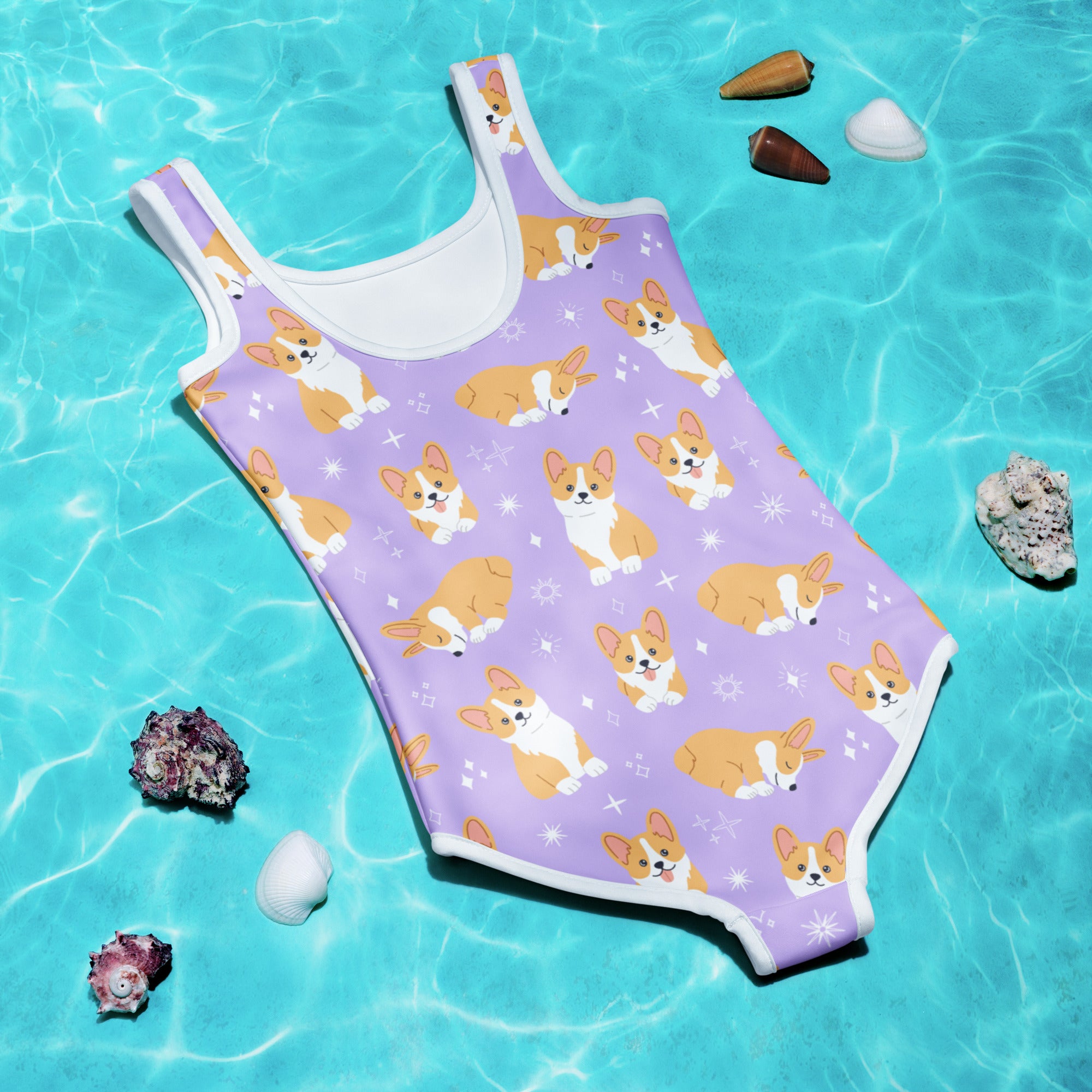Girls Purple Corgi Dog Buttery Soft Swimsuit With UPF 50+