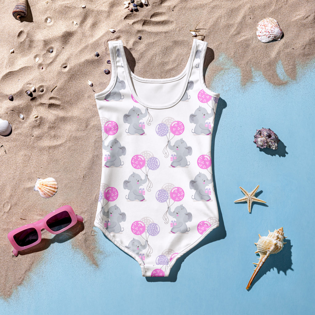 White girls one-piece swimsuit with gray elephant balloon pattern buttery soft fabric and upf 50 plus protection