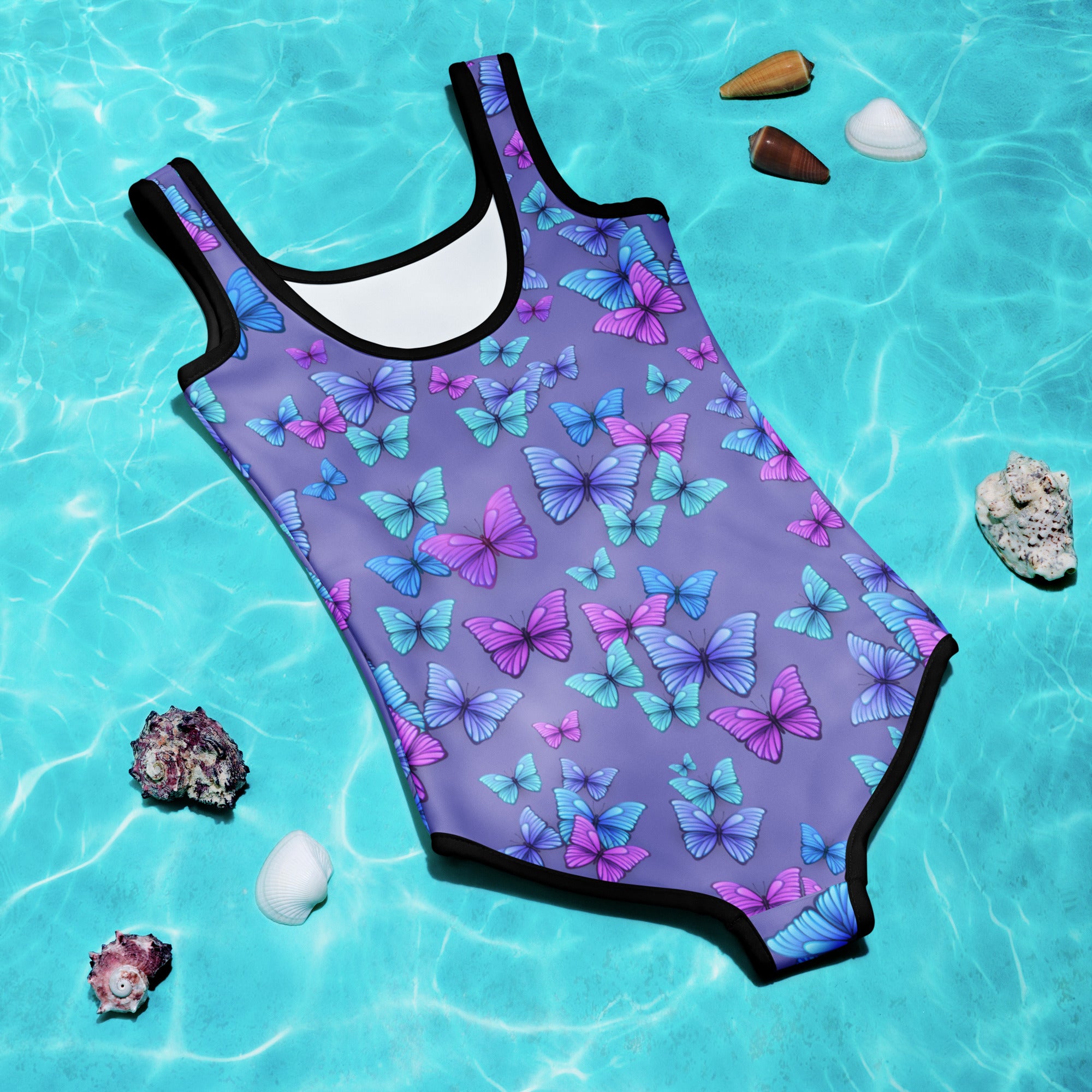Girls purple butterflies buttery soft one-piece swimsuit with blue and pink butterfly pattern and black trim with upf 50+